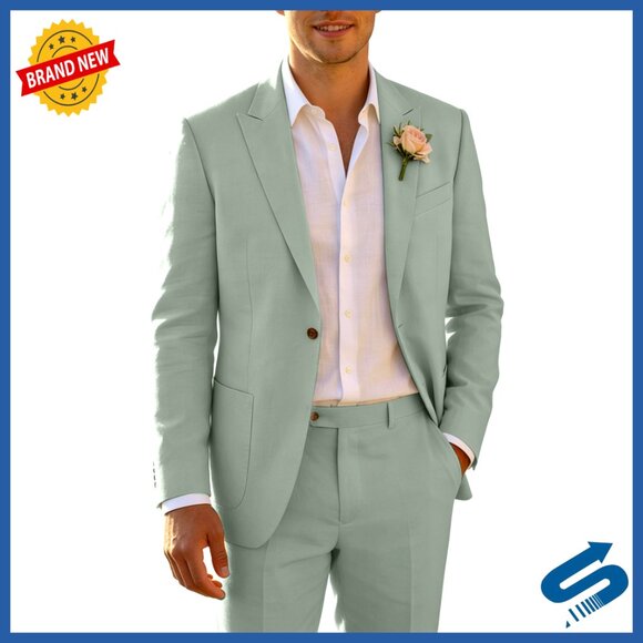 Men's Linen Suit Set Lightweight Blazer Pants Summer Wedding Beach